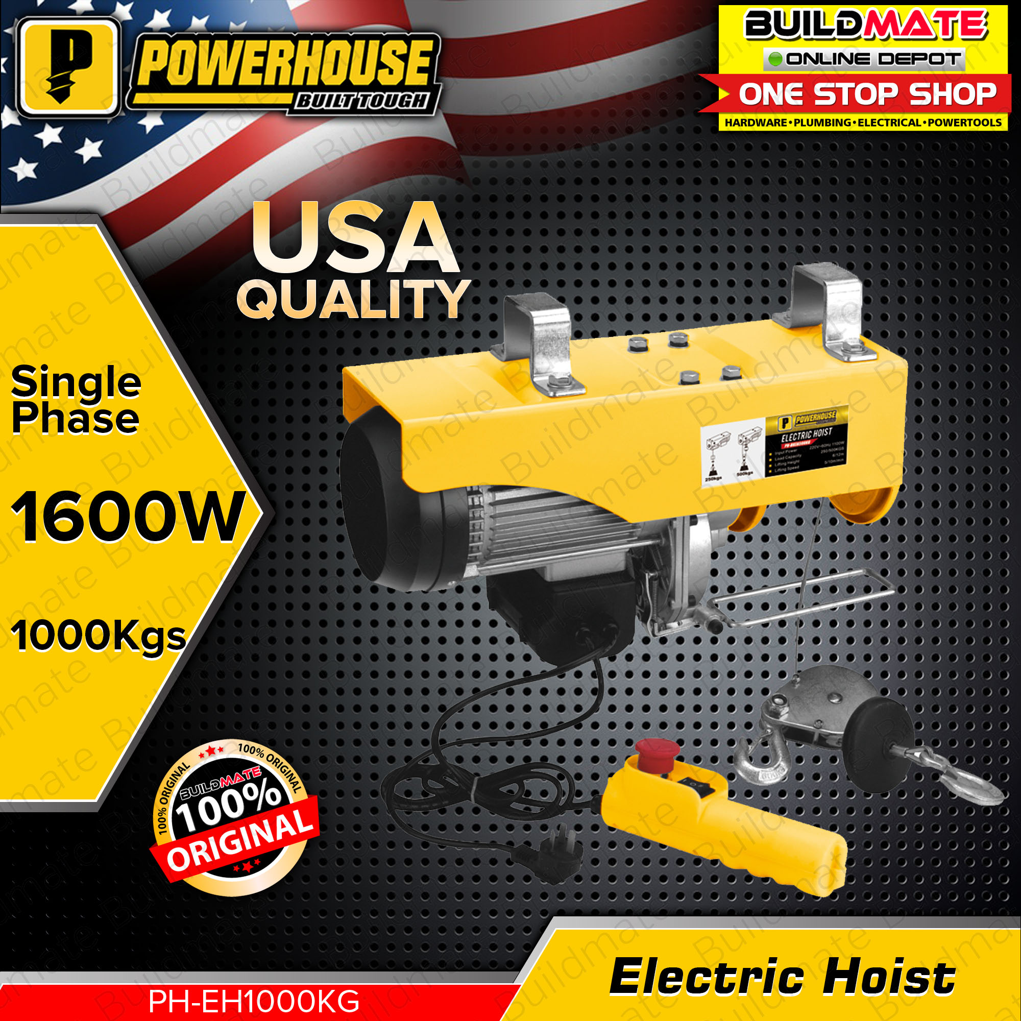 BUILDMATE Powerhouse 1000KG Electric Hoist 1600W Electric Winch