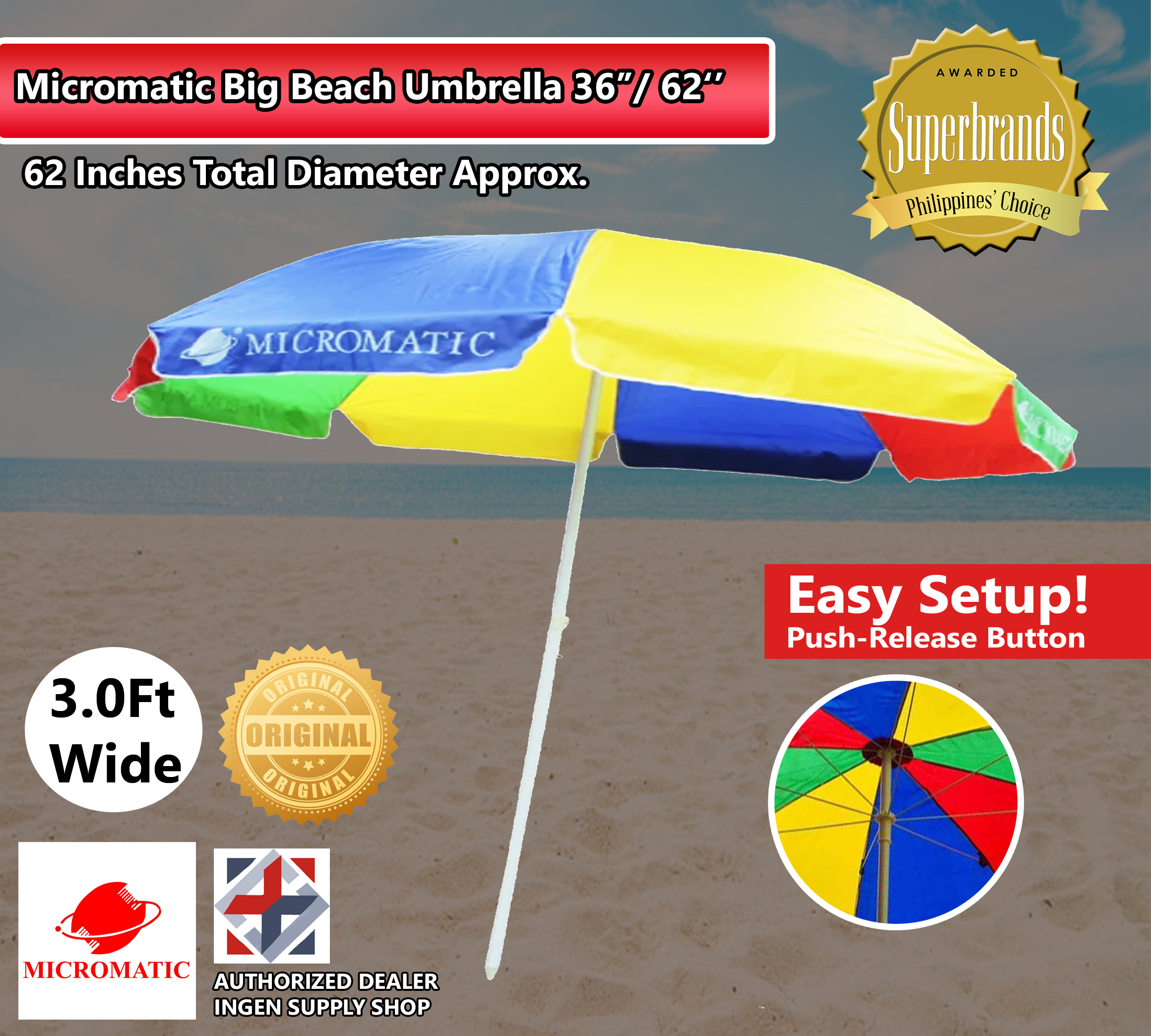 Micromatic Round Beach Umbrella 62 inches diameter Authentic original Big Beach Umbrella