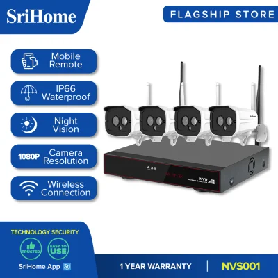 SRICAM SriHome NVS001 NVR CCTV Kit Wireless Video Security Camera System, 4 Wifi Weatherproof HD-IP Metal Bullet Cameras & 4CH 1080P HD NVR (No HDD Included)
