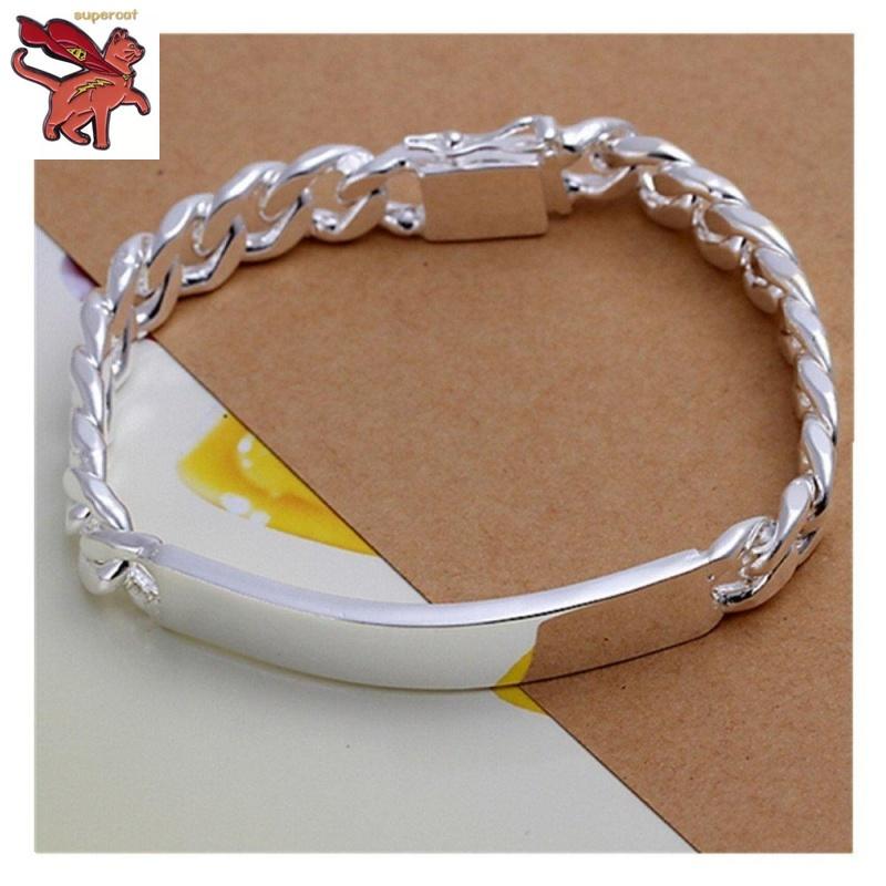 Fashion 925 Solid Silver Men Jewelry Bright Round Bangles Bracelet 