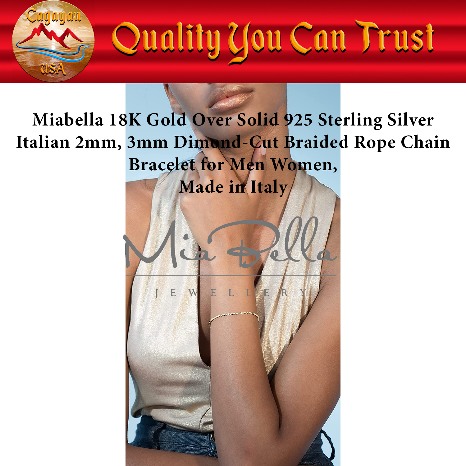 Miabella Solid 925 Sterling Silver Italian 2mm, 3mm Diamond-Cut Braided Rope Chain Bracelet for Women Men, Made in Italy