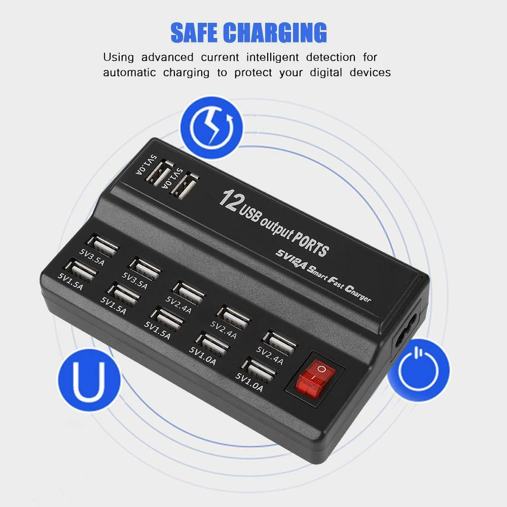 USB Fast Charge 12 Port Hub 5V 12A Power Adapter Smart Charging Station