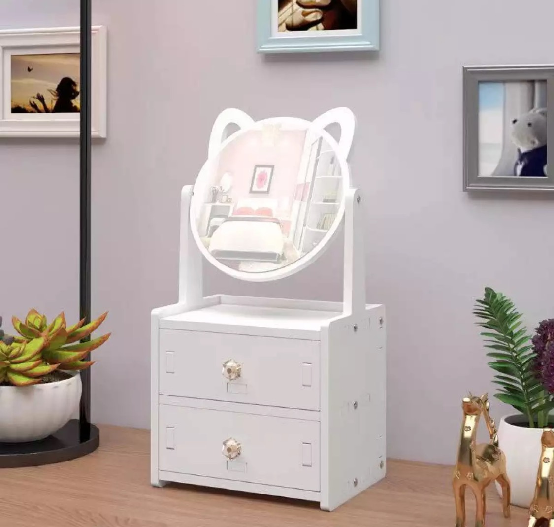 Rotate Wooden Make Up Organizer with Mirror Desktop Dressing Table