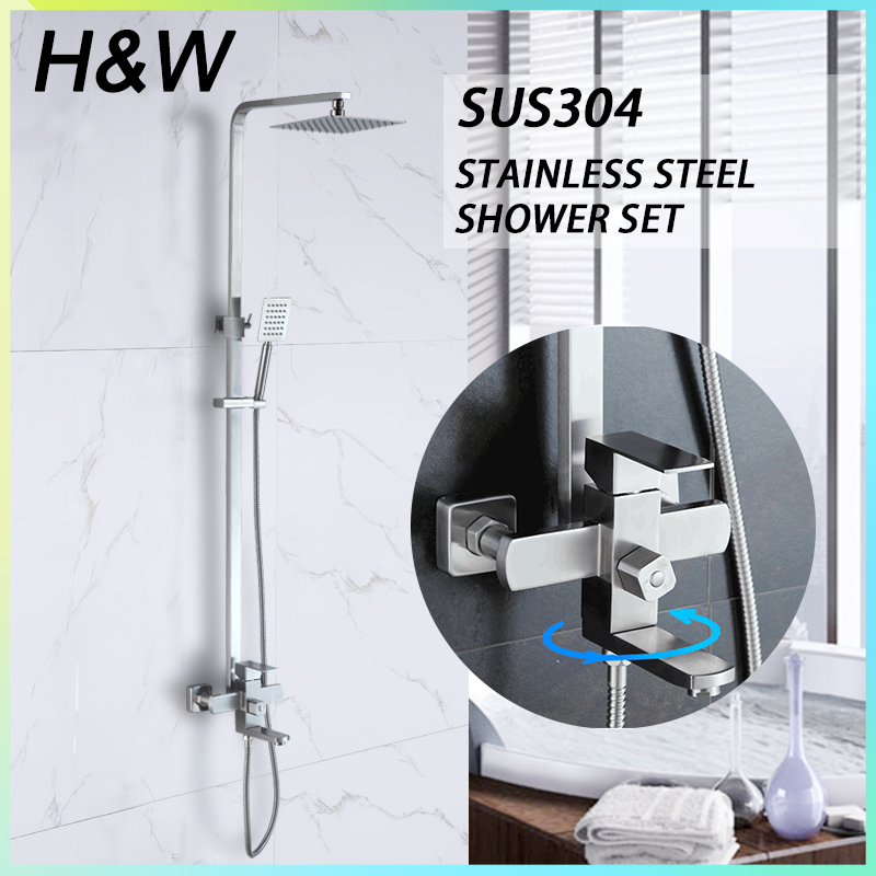 H&W 304 Stainless Steel Shower Set With Faucet Hot and Cold Square Rainfall Shower Set For