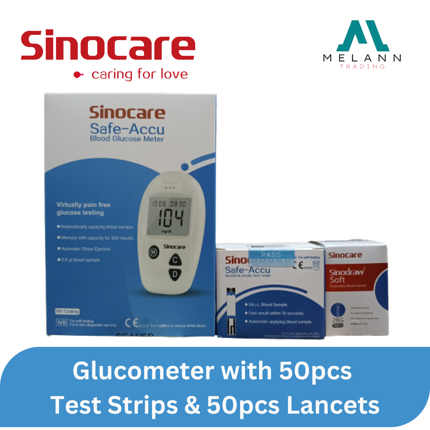 Sinocare Safe-Accu Blood Glucose Monitor Meter & 50pcs Test Strips ...