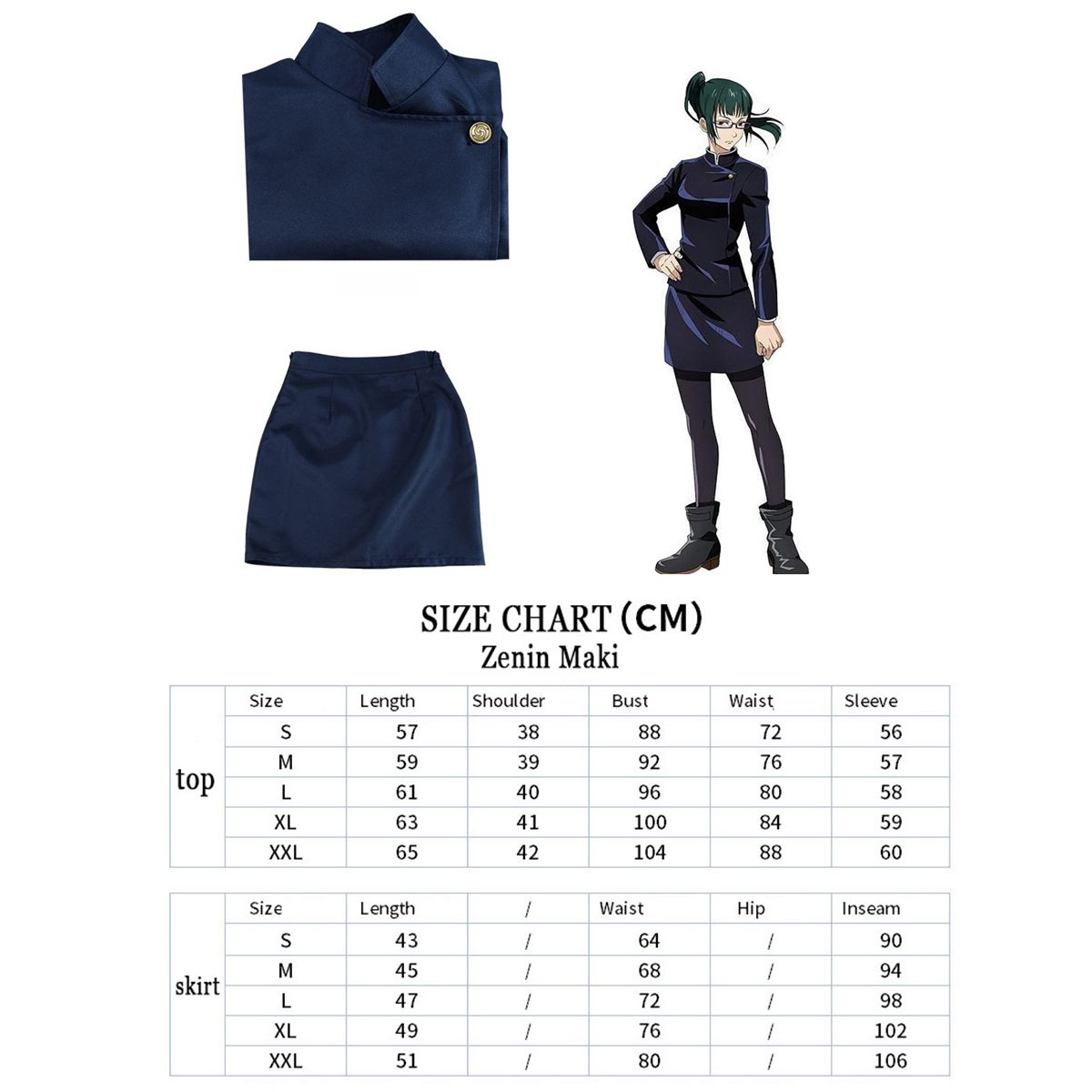 Costume Cosplay Zenin Maki (Jujutsu Kaisen) Femme – Jupe Courte, Veste, Chemise, Collants & Perruque, Taille US Complet