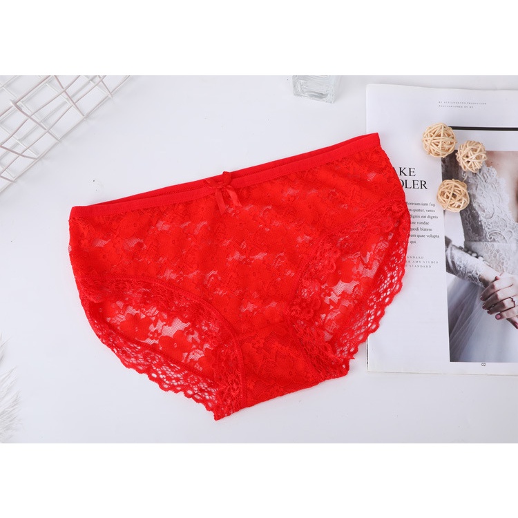 PM✿ Breathable Sexy Girl's Underwear Lace Pure Cotton File Bow Strand Empty  Lace Medium Waist Briefs