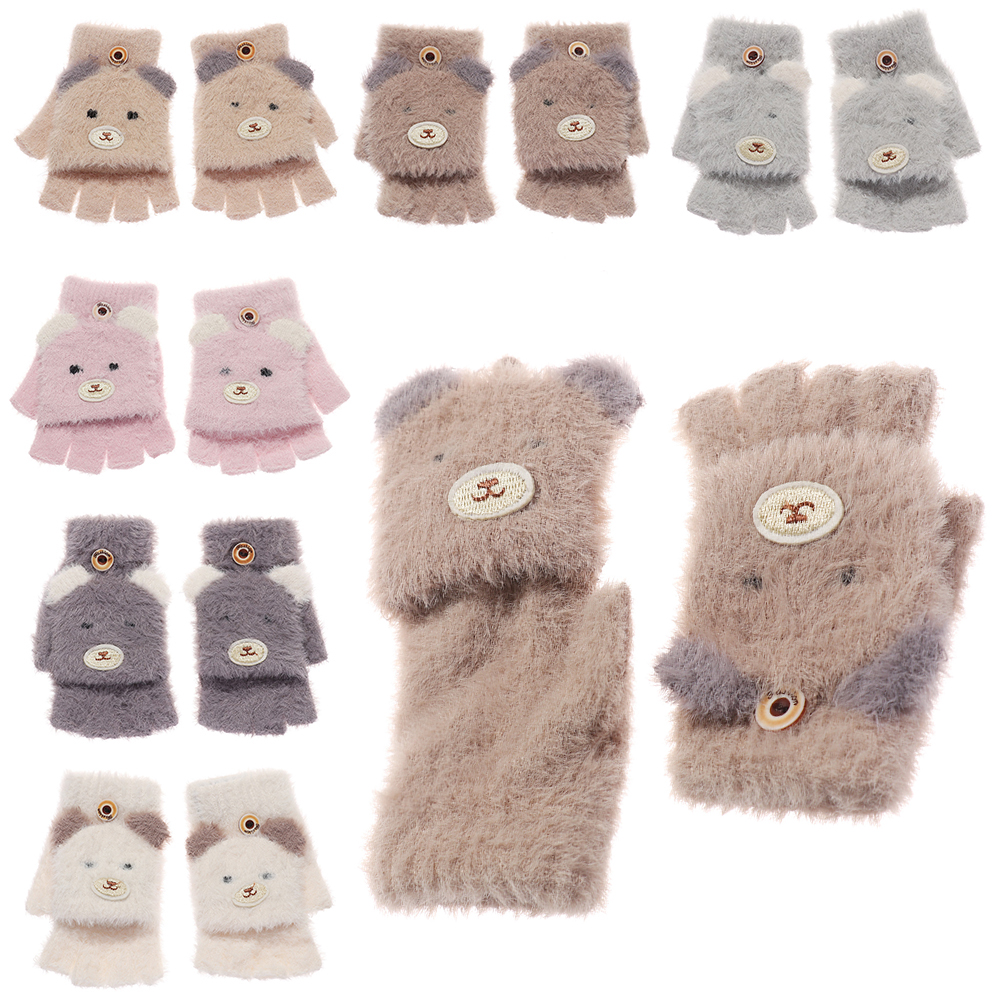 YIJIAN1984918 1 Pair Kids Gift Boy Girls Baby Warm Soft Cute Animal Flip Cover Fluffy Knitted Mittens Cartoon Bear Pattern Half Finger Gloves