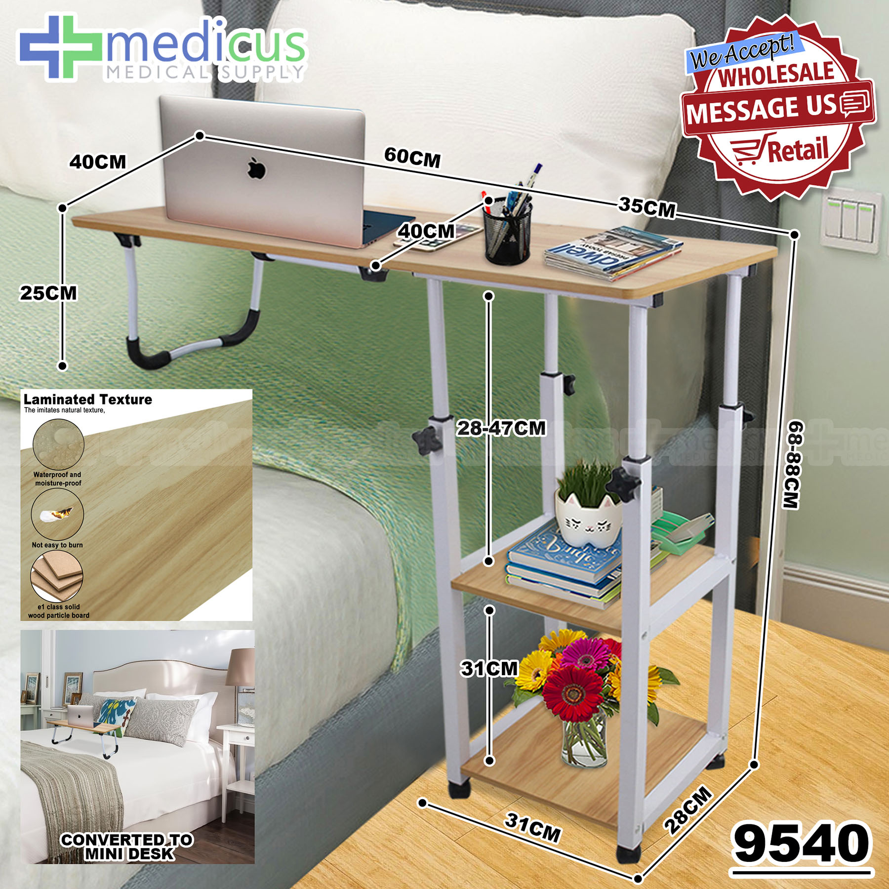 Medicus 9540 Portable Foldable Bedside Table Movable Laptop Desk Laptop