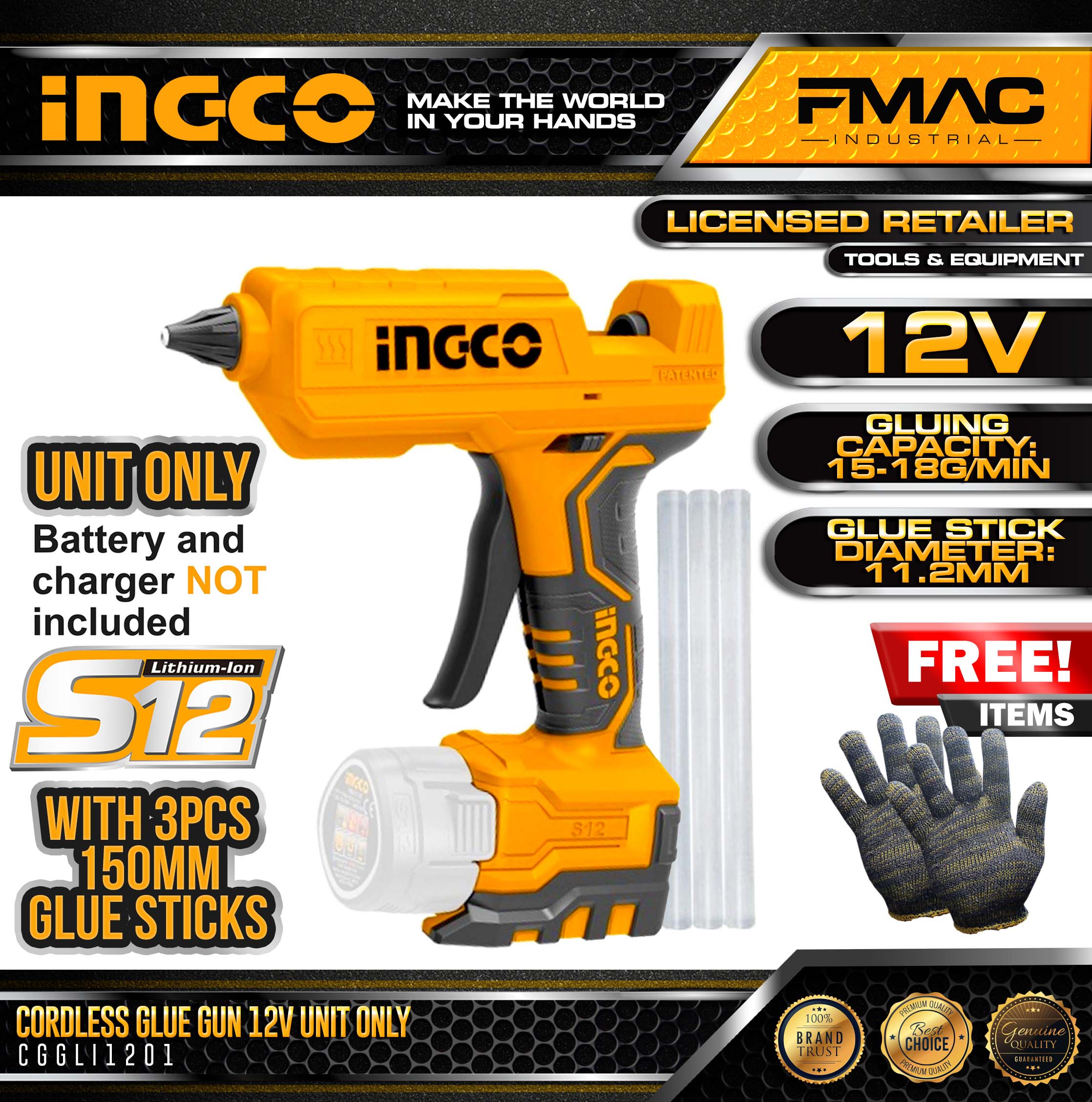 INGCO Cordless Glue Gun 12V CGGLI1201 UNIT ONLY + FREEBIES FMAC⭐⭐⭐⭐⭐