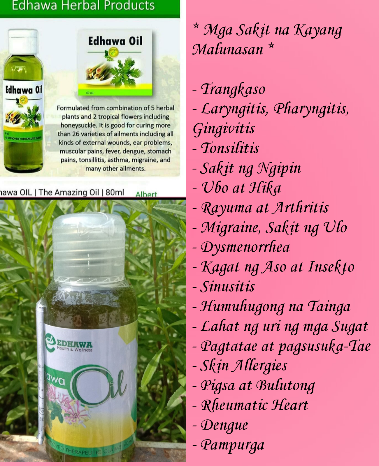 Edhawa Oil 60ml For Massage Therapy Use, Cures Dengue by killing