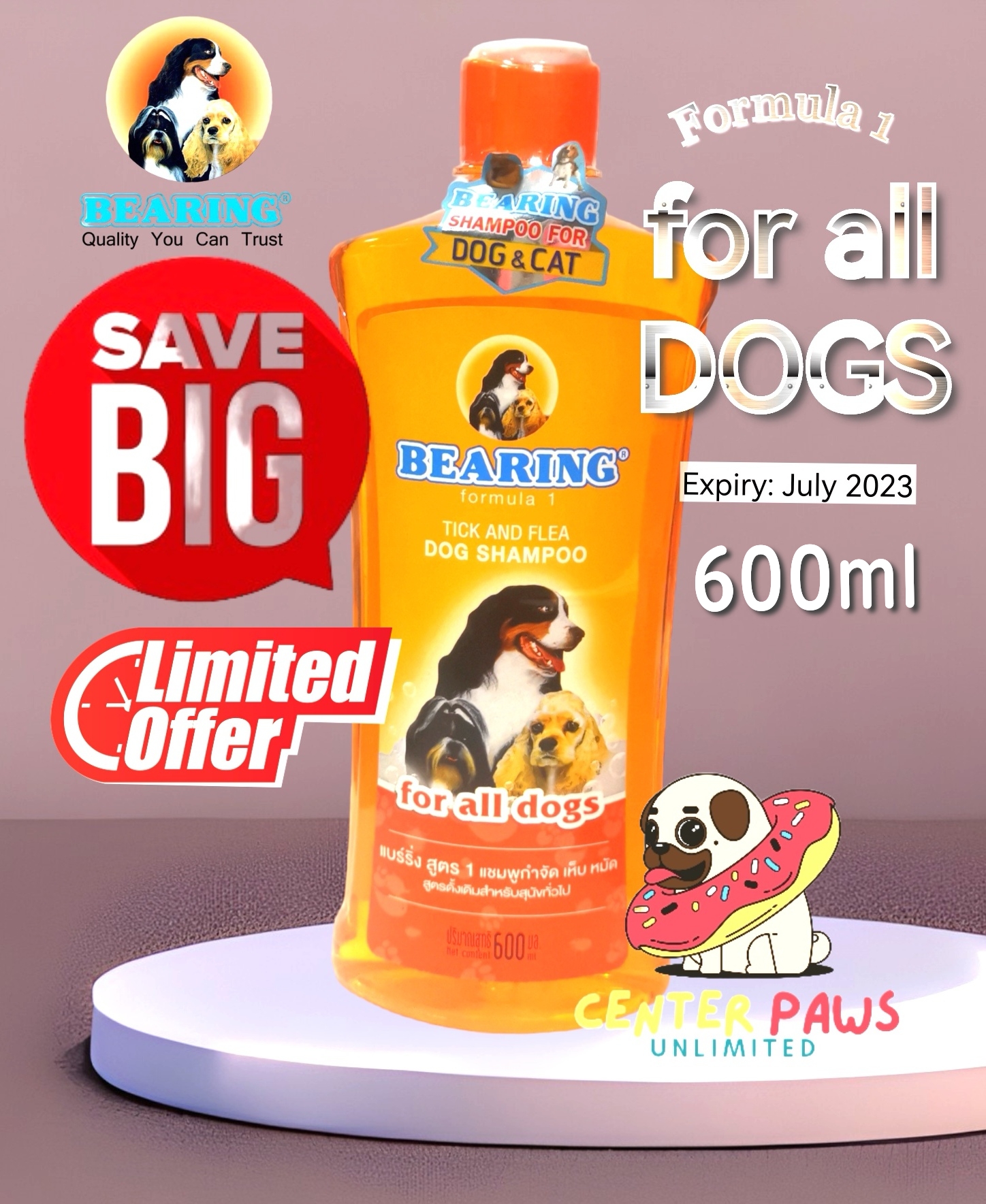 Bearing Dog Shampoo 600ml Formula 1 for All Dogs Orange Tick & Flea
