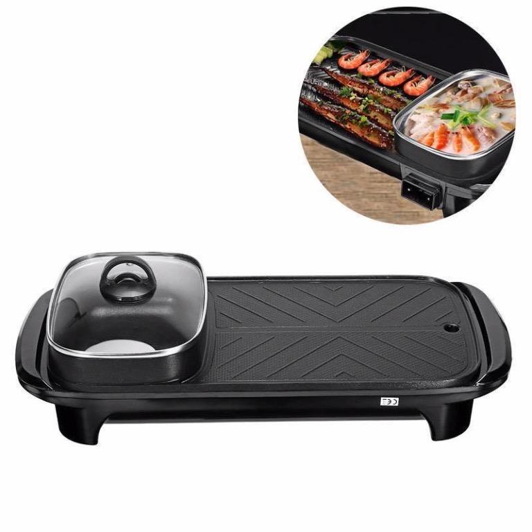 Green Topwit Electric Grill with Hot Pot Shabu Shabu and Noodles Steaks Independent Dual Temperature Control 2 in 1 Indoor Non-Stick Electric Hot Pot and Griddle for Korean BBQ Fast Heating