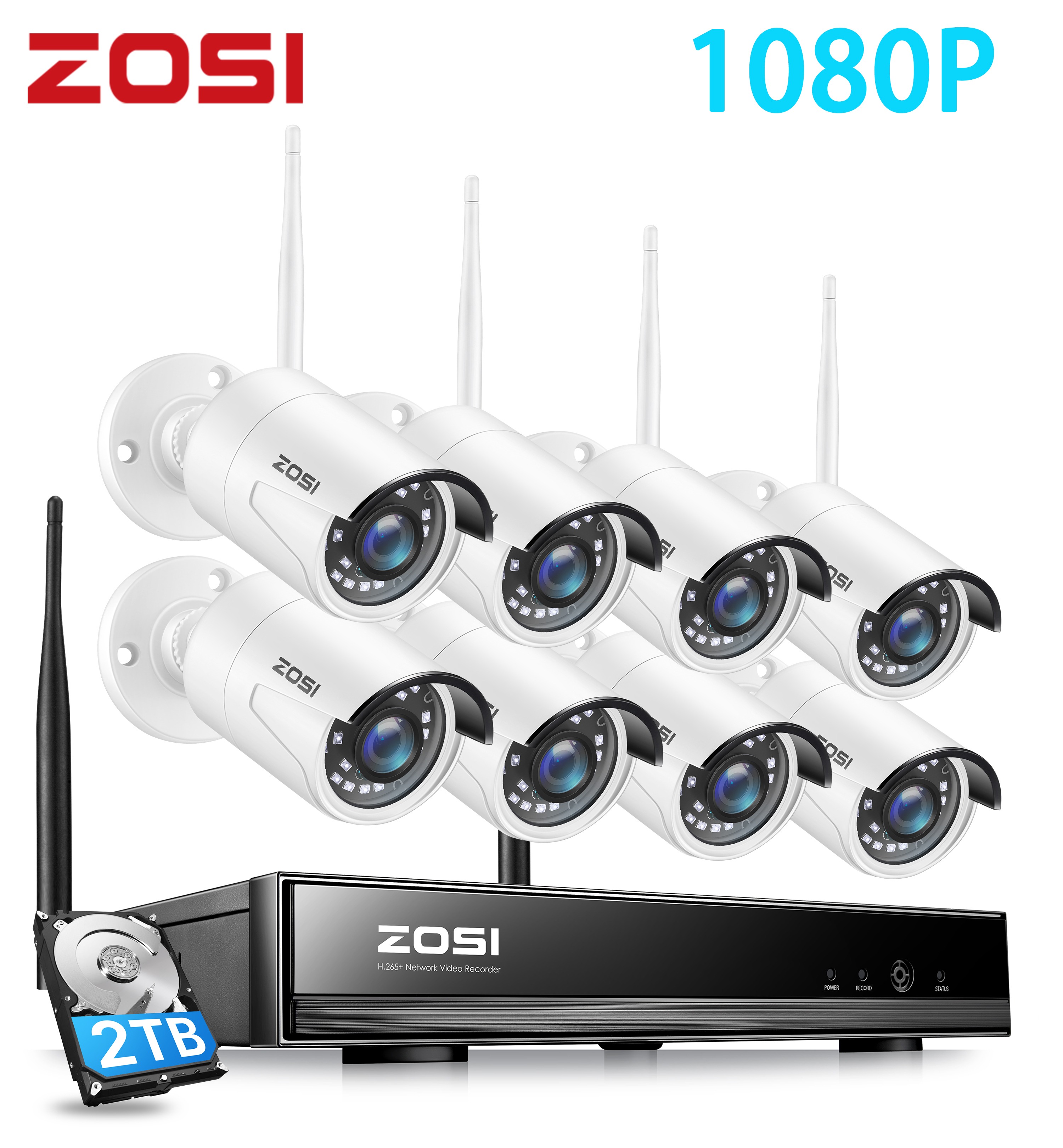 NVR ZOSI 1080P H.265+ Wireless Security Cameras System Outdoor Indoor with Night Vision No Hard Drive Included 8CH Network Video Recorder with 4 x 2MP Auto Match IP Cameras Renewed 