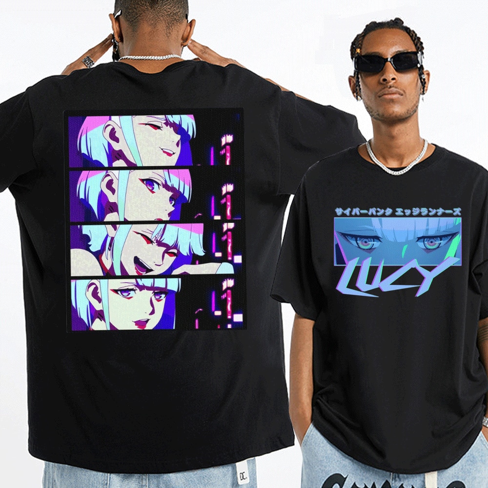 Lucy - Cyberpunk Anime Girl Unisex AOP Cut & Sew T-shirt - kawaiiwaru