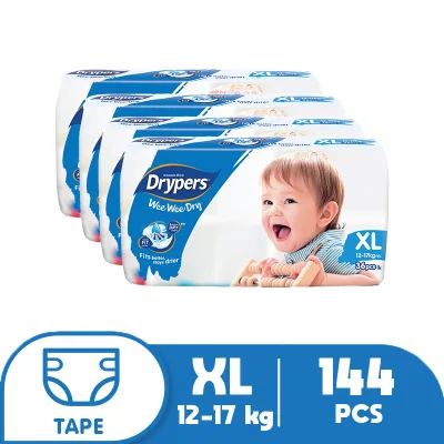 Drypers Wee Wee XL (12-16 kg) - 36 pcs x 4 packs (144 pcs) - Tape Diapers