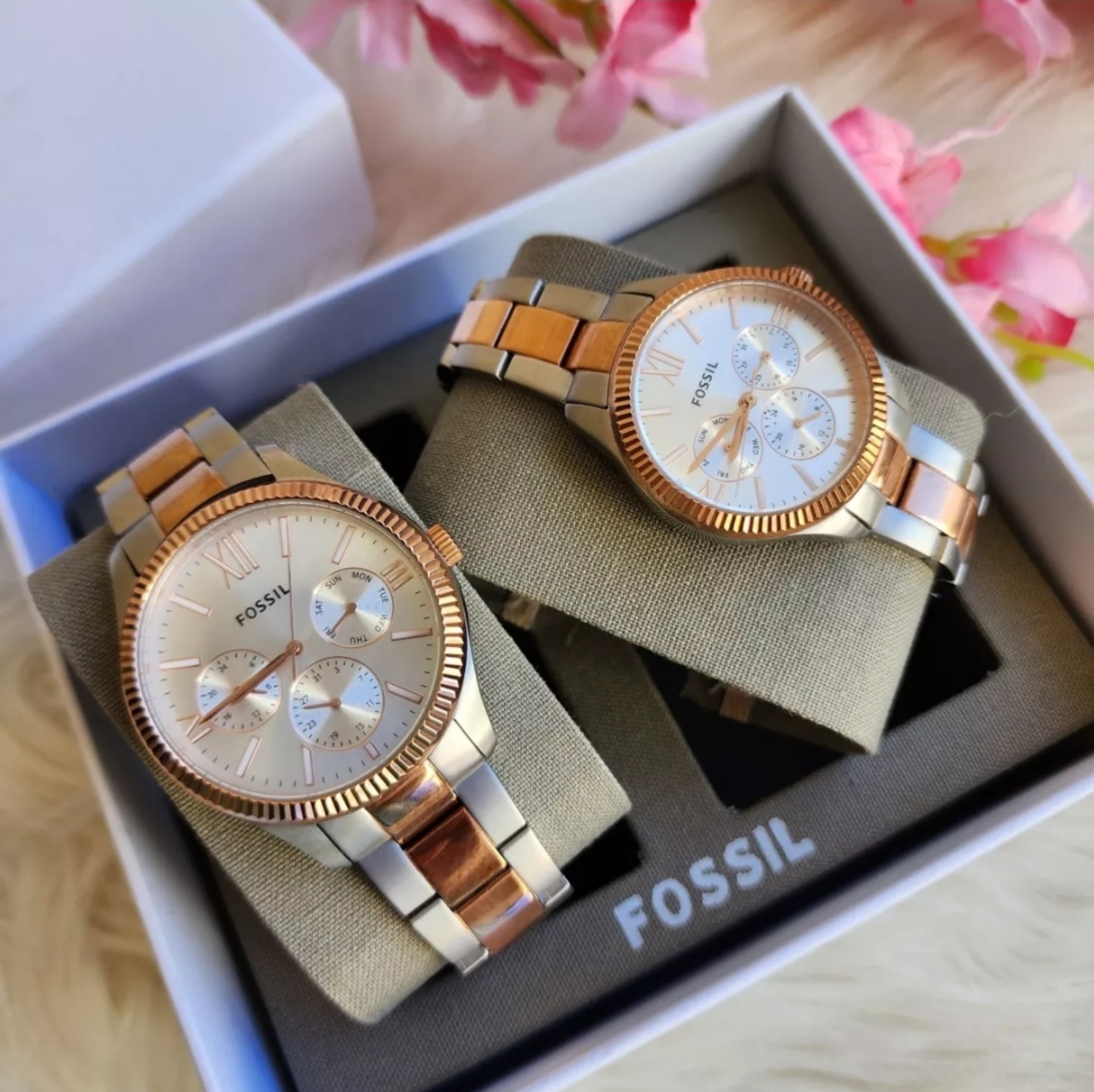 Fossil BQ3761 Rye His and Her Multifunction Chronograph Silver Dial with  Two-Tone Silver / Rose Gold Stainless Steel Bracelet - Couple Watch Set |  Lazada PH