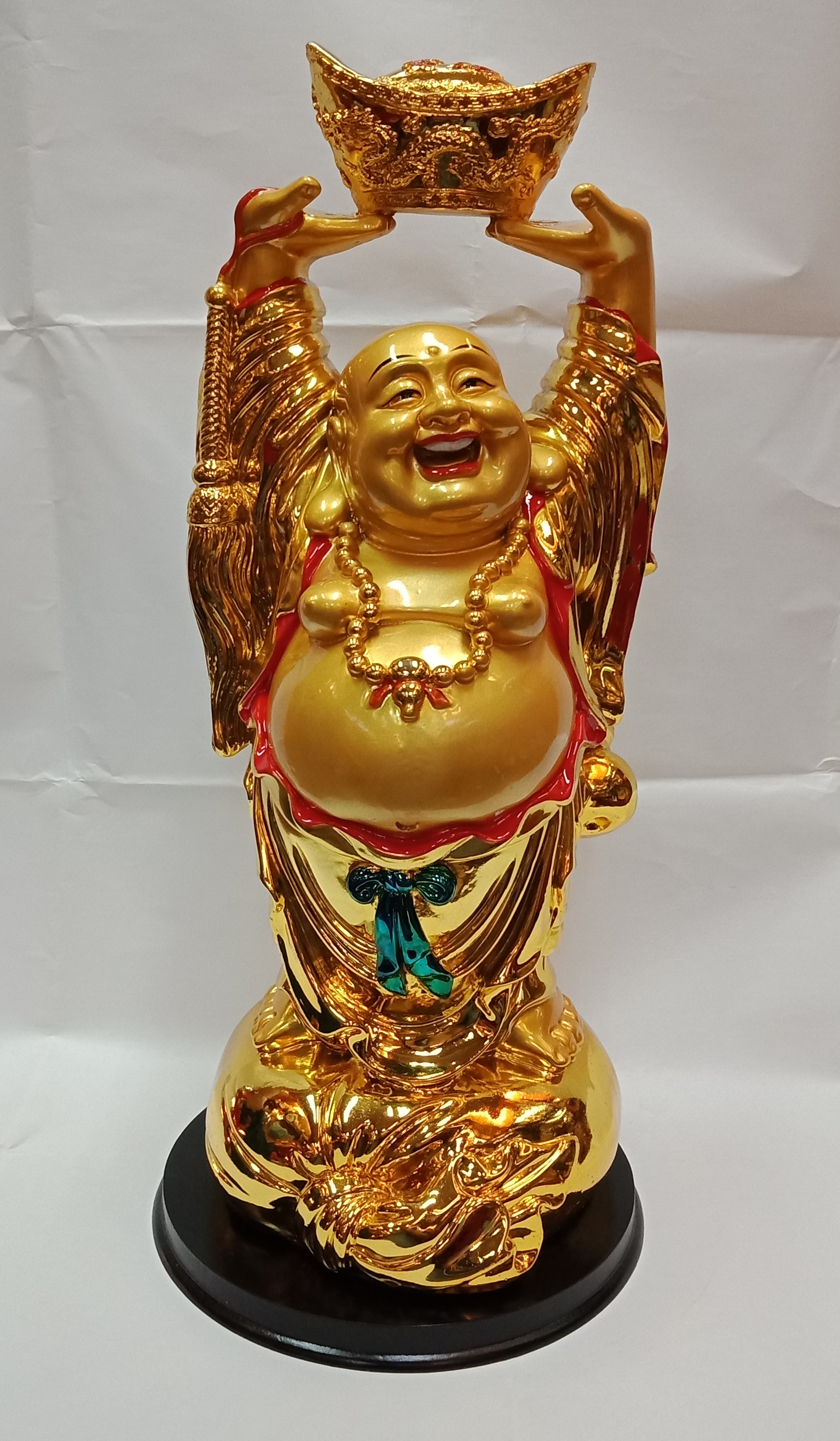 Large Gold Buddha Hands Up Gold Bar, 18 inches Laughing Buddha Gold