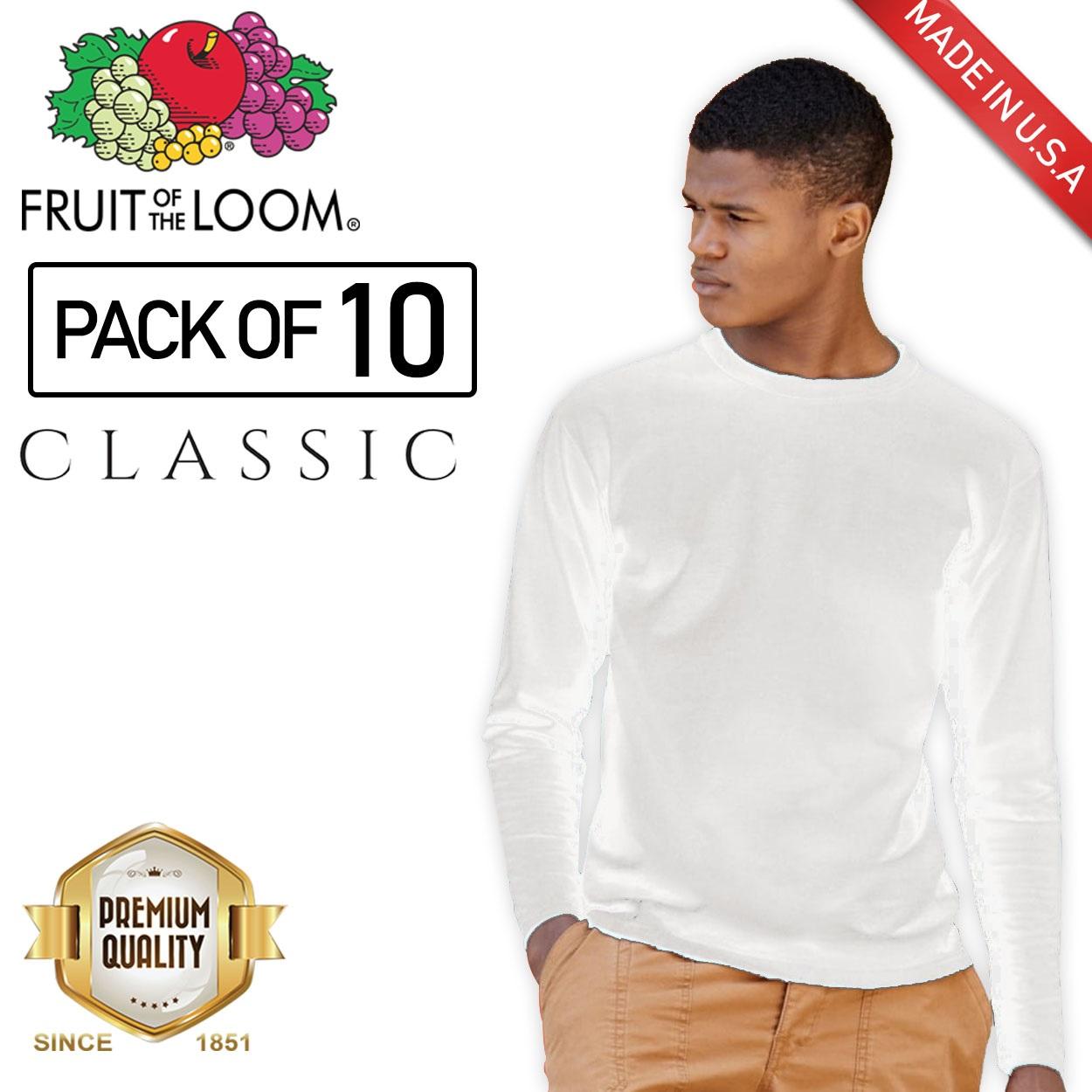 Fruit of the Loom (Pack of 10) Unisex Classic Long Sleeve tshirt plain tee tees Mens t shirt shirts for men tshirts t-shirts sweater sale plain top White	