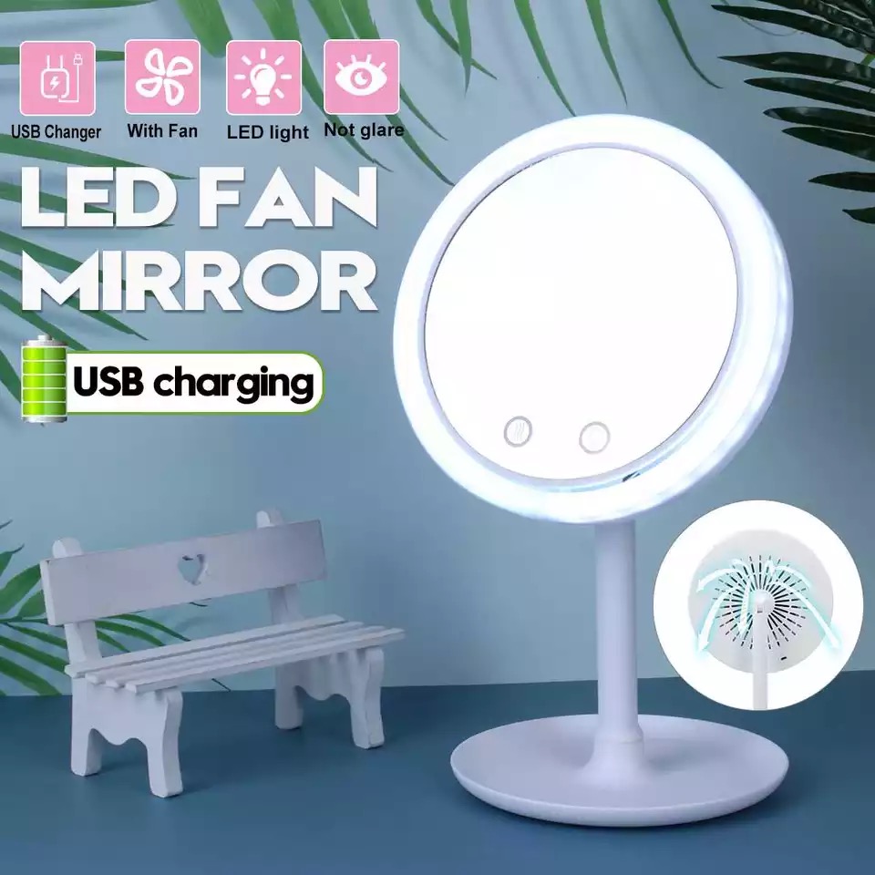 LED Dimmable Makeup Mirror with Fan USB Charging Selfie Ring Light Gift