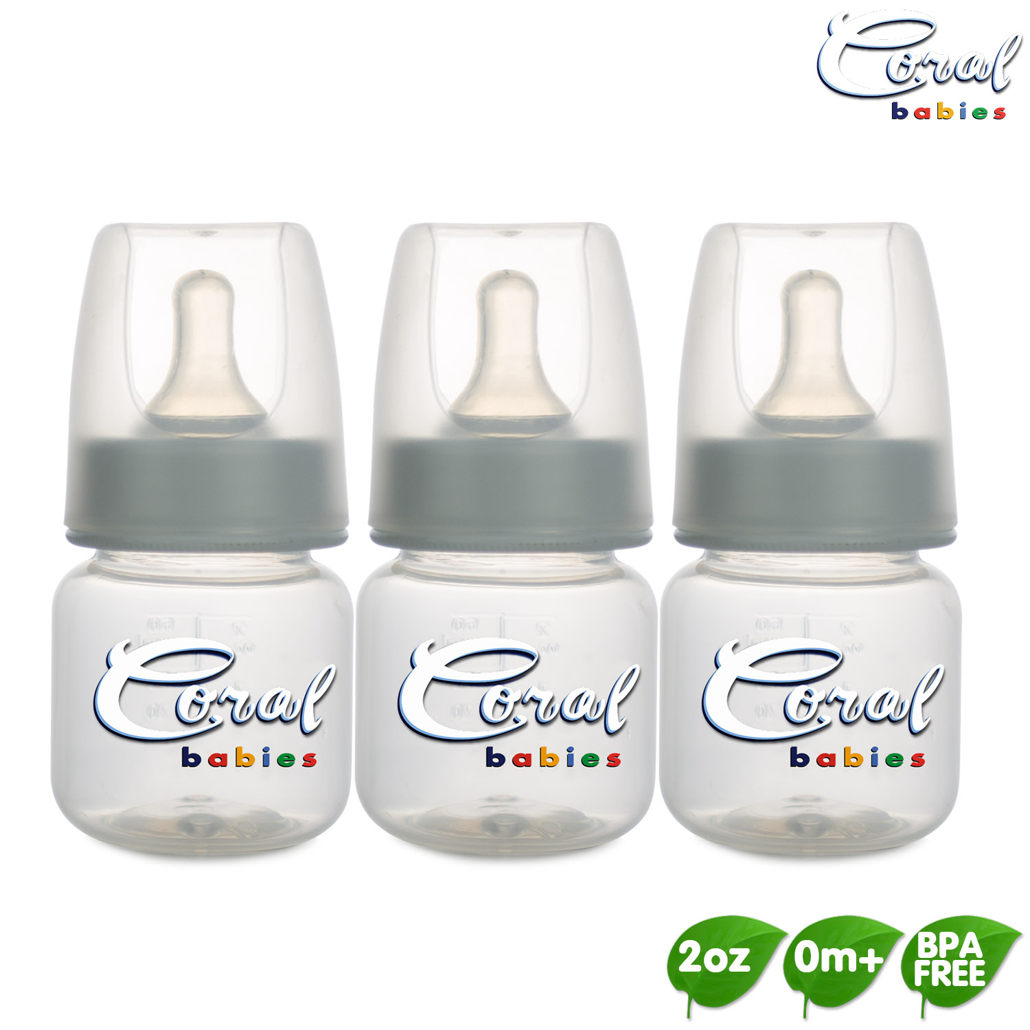 Coral Babies 2oz Easy Grip Clear Feeding Bottles with Preemie Silicone