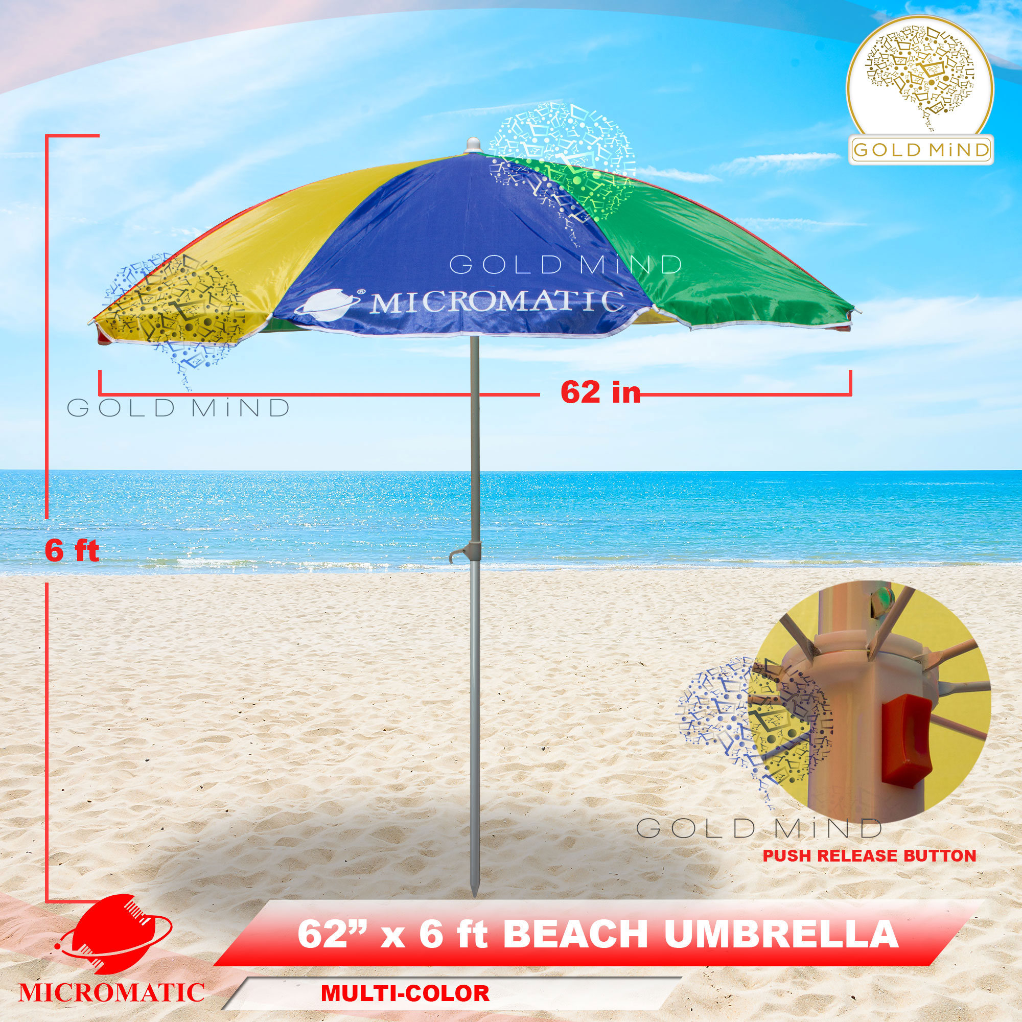 Big Beach Umbrella Micromatic 62 in ⌀ x 