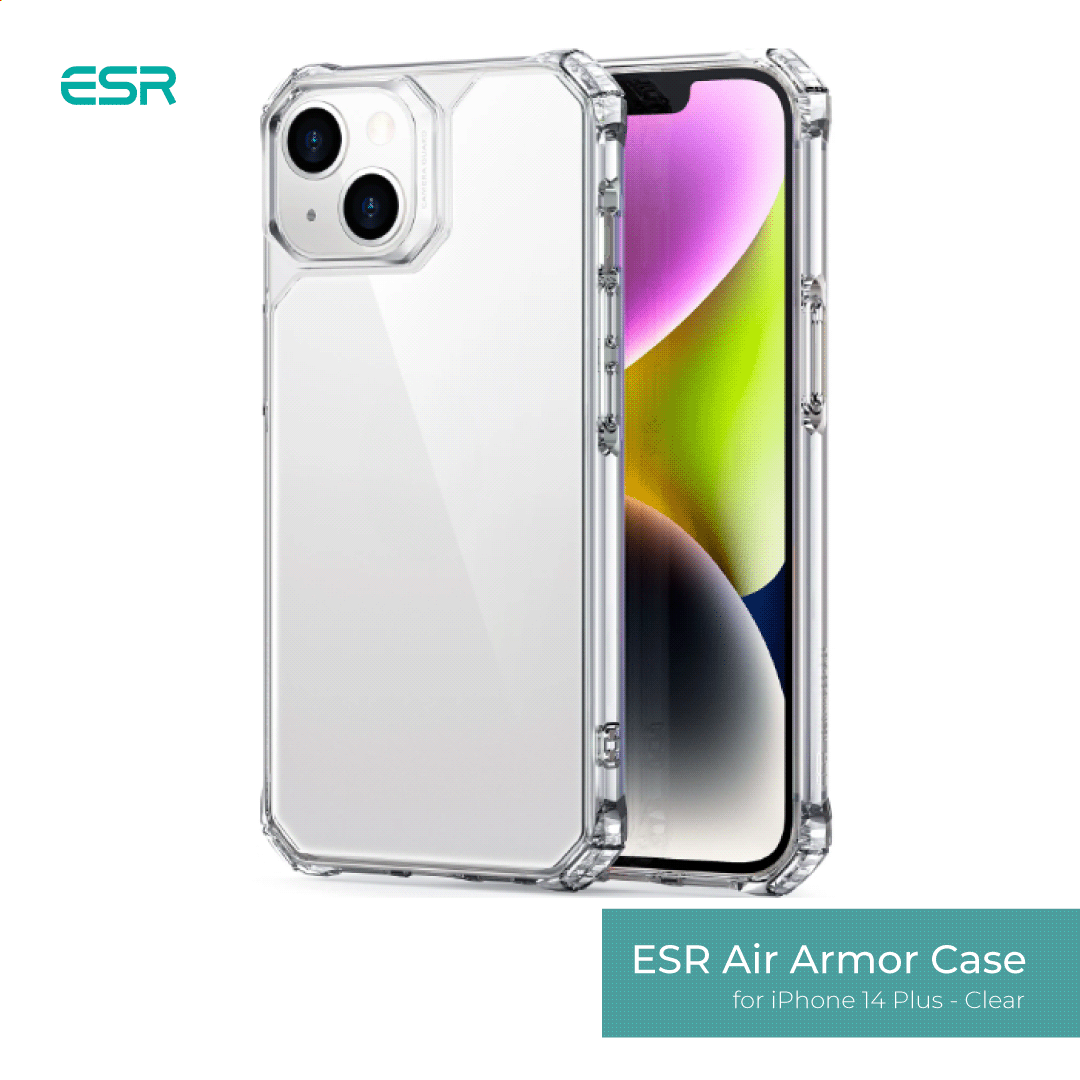 ESR Air Armor Case for iPhone 13/14, Transparent, Shockproof, Heavy Duty,  Clear, Hard PC Back + Soft TPU Frame