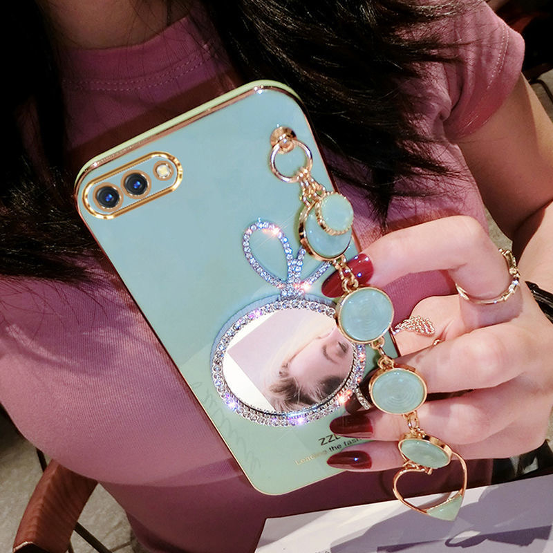AnDyH Precise camera protection case For OPPO A3S A12E Realme C1 cases Bunny makeup mirror with gemstone bracelet