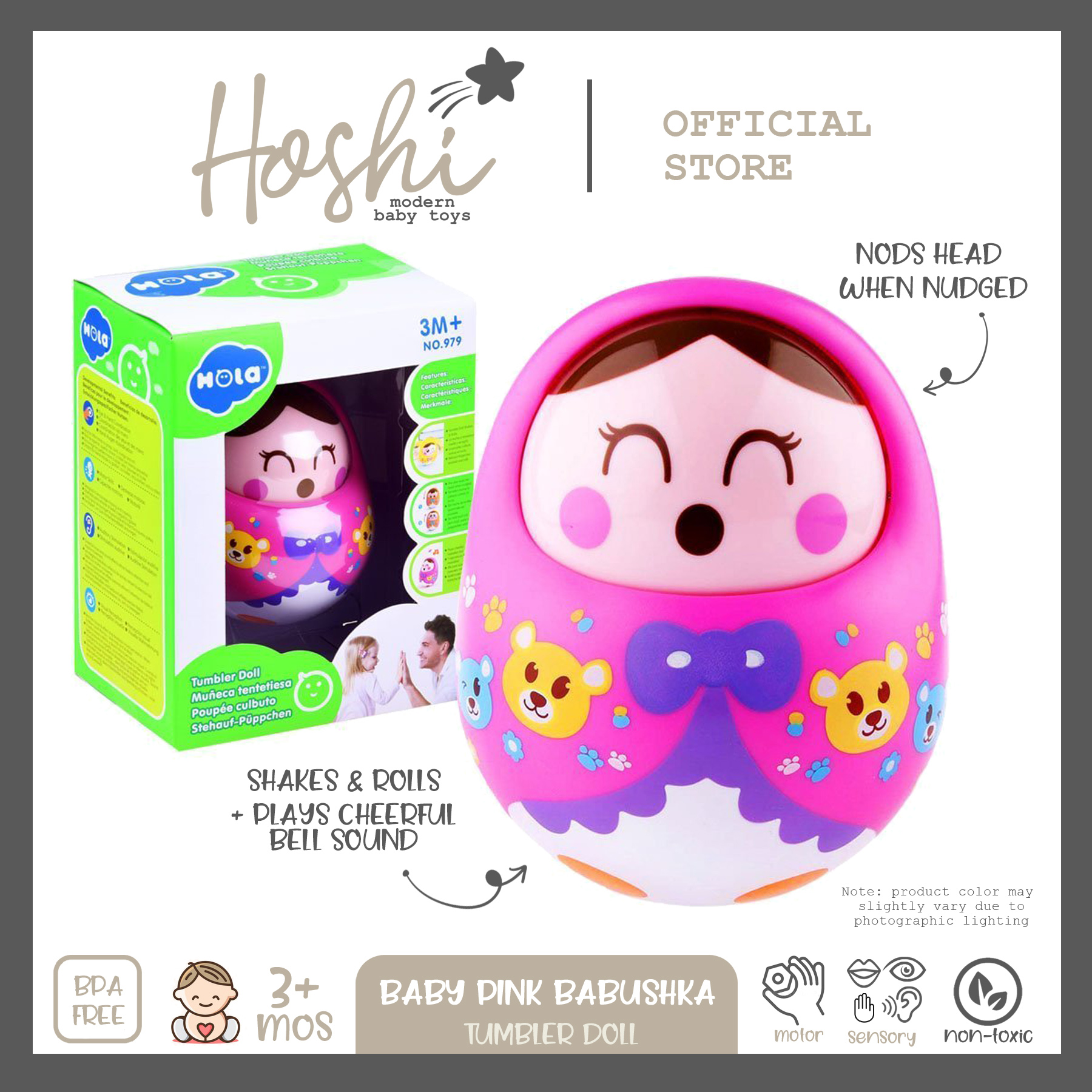 "Baby Pink Babushka" Interactive Tumbler Doll Toy for Boy & Girl Motor & Sensory Skills 3Mos