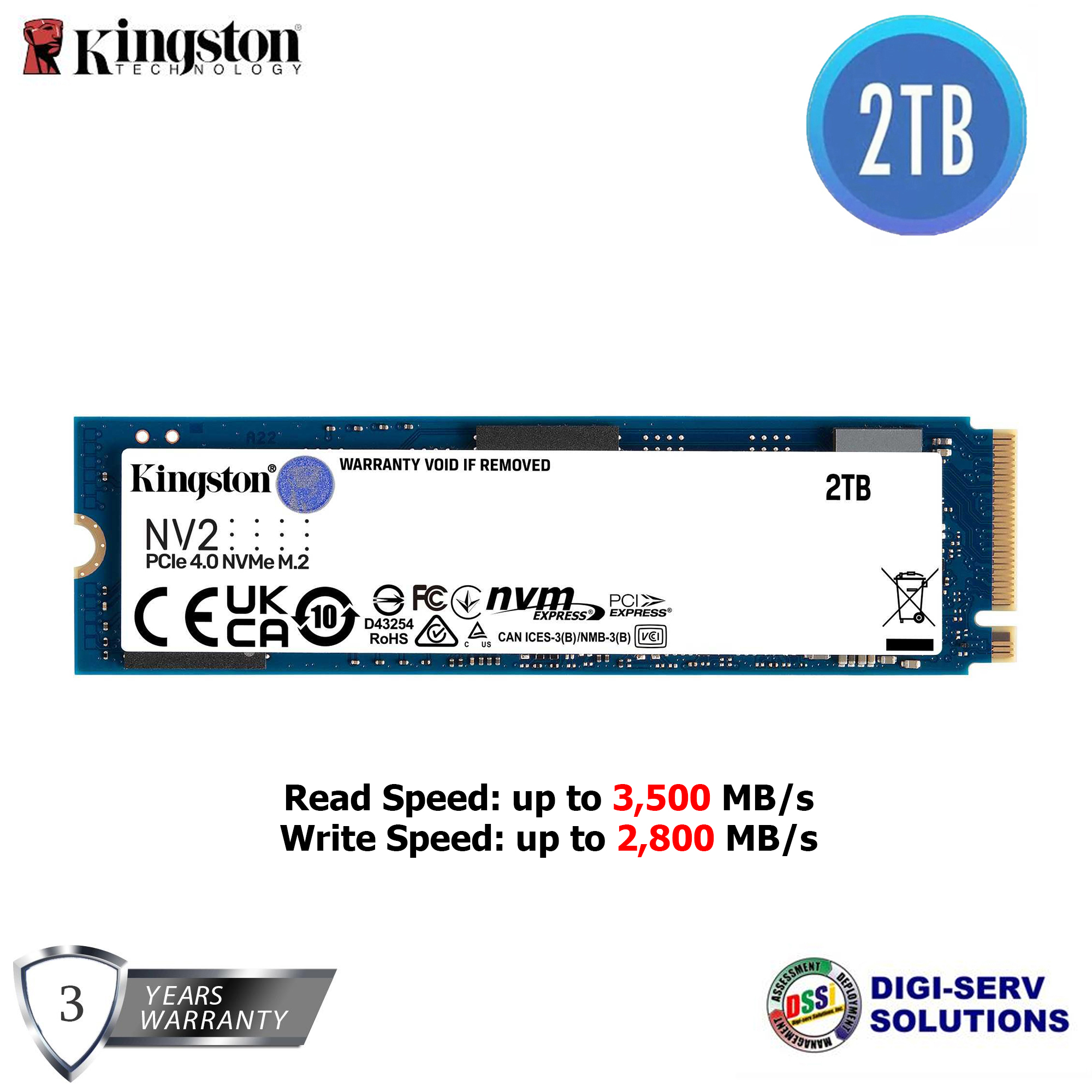 Kingston NV2 2TB M.2 2280 NVMe PCIe SSD (SNV2S/2000G), Up to 3,500MB/s  Read, 2,800MB/s Write, Gen 4x4 NVMe PCIe Performance