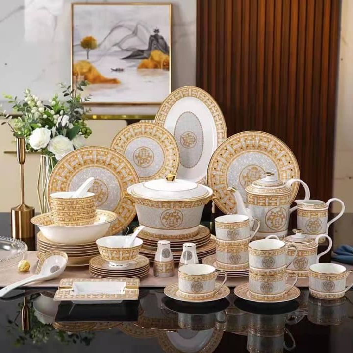 LV Louis Vuitton Inspired Elegant Luxury Gold Mosaic Plate Tea Set Cup  Saucers Dinnerware Set Bone China Gift Set