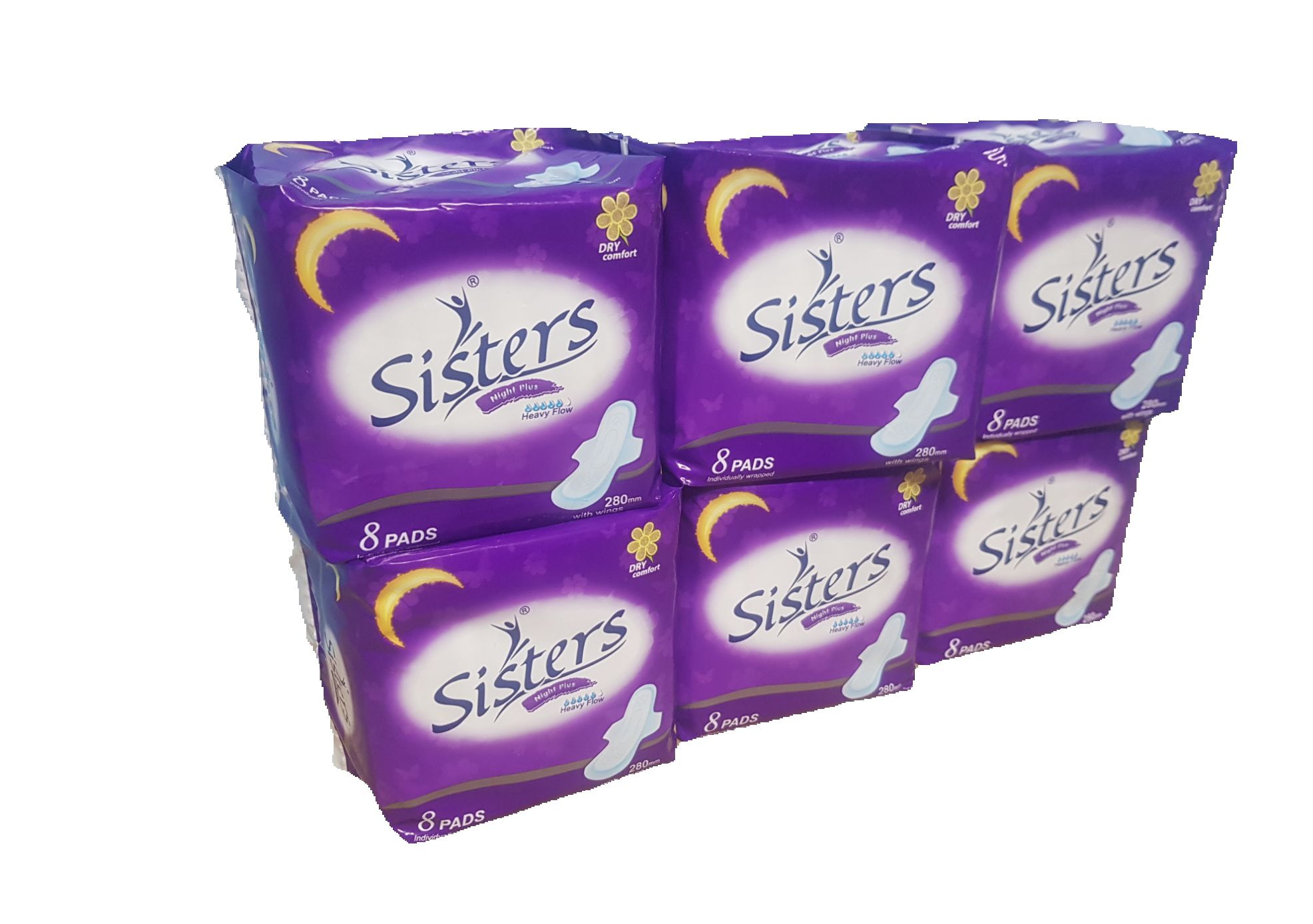 SISTERS Night Plus Heavy Flow - DRY Comfort With Wings (6 packs x 8 ...