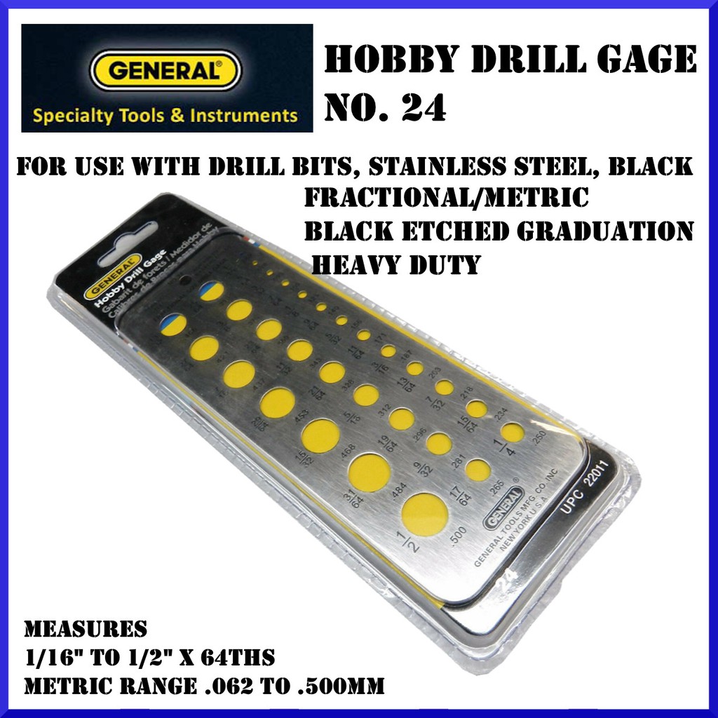 général # 24 Perceuse Jauge Hobby Gage fractionnaire Taille Guide & Decimals 1/16" 1/2" 