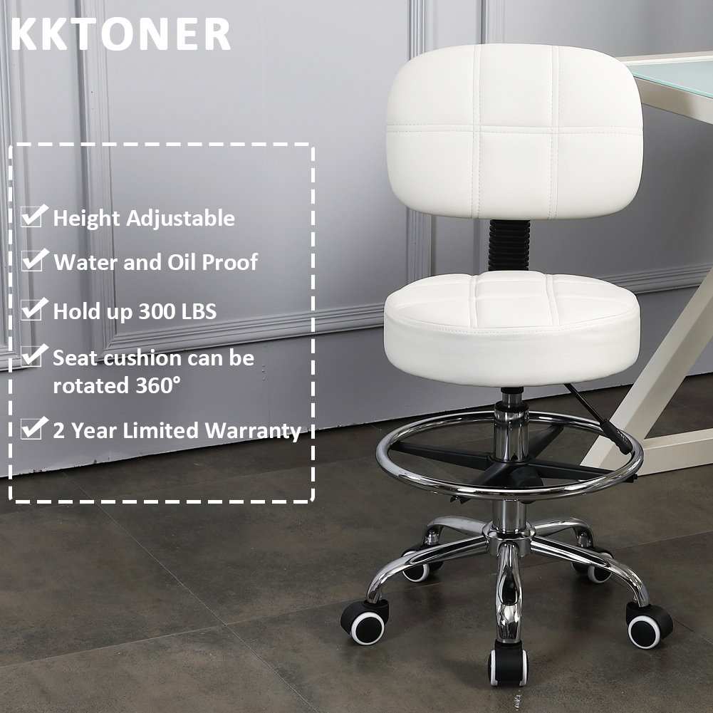 KKTONER Swivel Round Rolling Stool PU Leather with Adjustable Foot Rest ...