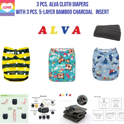 Alva 3.0 Washable Cloth Diapers 3 SETS UNISEX BUNDLE WITH 5-LAYER BAMBOO CHARCOAL Ship Random Designs