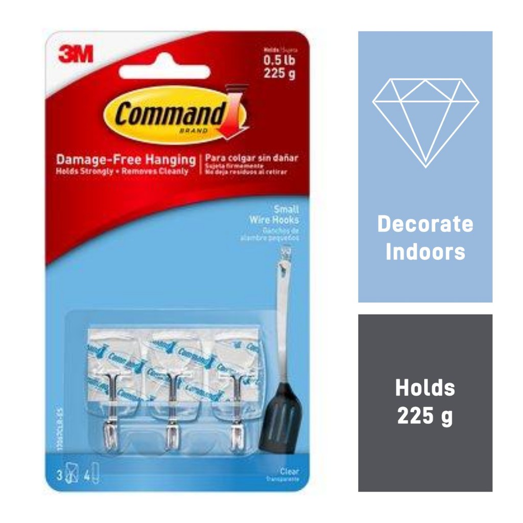 3M Command Clear Wire Hook, Small, 3 Hooks, 4 Strips, Holds Up To 225g