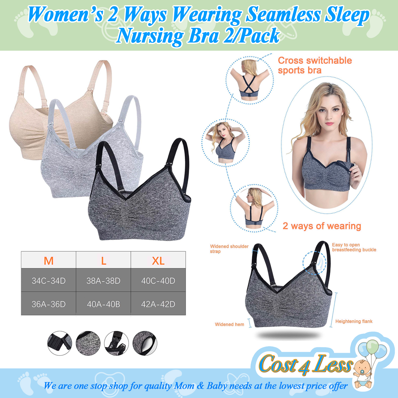 COST4LESS Maternity Nursing Bra Women's Seamless Sleep 2 Ways Wearing Breastfeeding  Bra 1pc