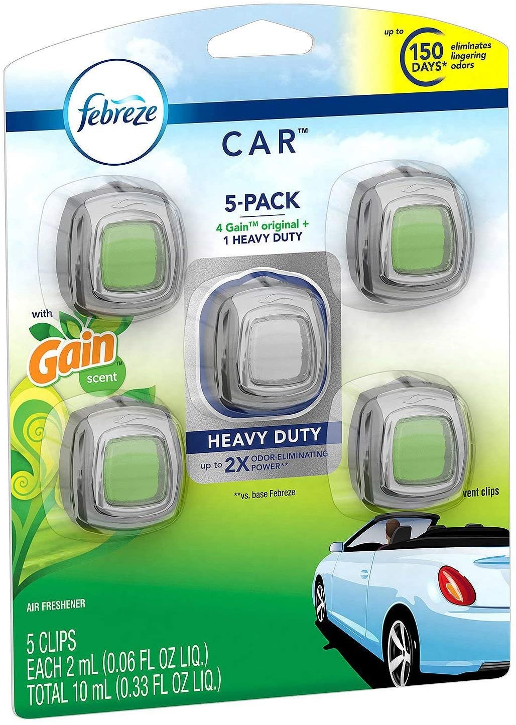 Febreze Car Air Freshener 5-Pack, 4 Gain Original Scent + 1 Heavy