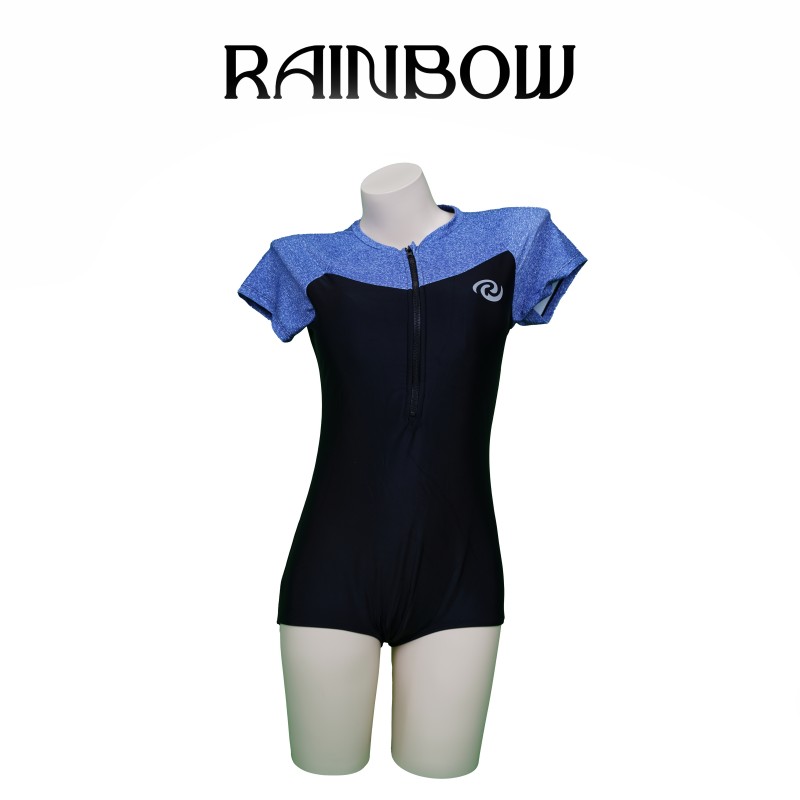 Rainbow rash Guard Women's zip one-piece swimsuit short sleeve colour  matching fashion swimsuit slimmer look beach swimwear