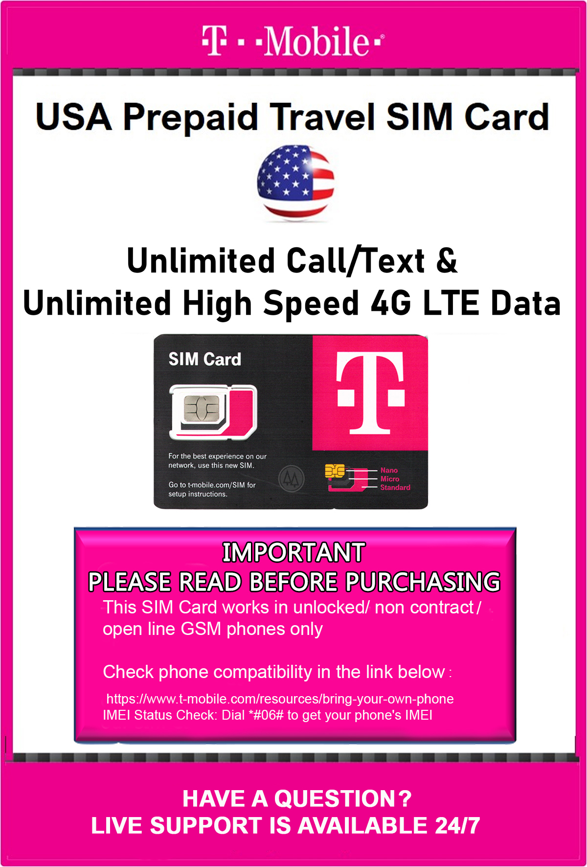 T-Mobile Brand USA Prepaid Travel SIM Card Unlimited Call, Text and 4G LTE  Data (for use in USA only) (for Phone use only. NOT for Modem/WiFi Devices)