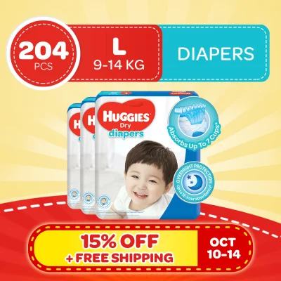 [DIAPER SALE] Huggies Dry Large (9-14 kg) - 68 pcs x 3 packs (204 pcs) - Tape Diapers