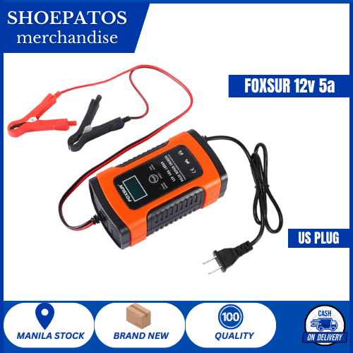 Foxsur Motorcycle Sedan Car Battery Charger 12V 5A Intelligent Pulse Repair  with Digital Display for AGM GEL SLA and Wet Batteries