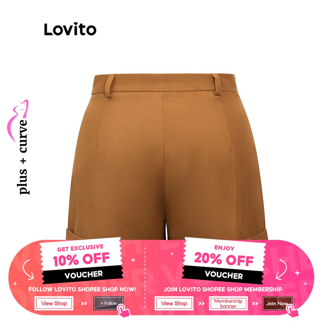 Lovito Plus Size Curve Casual Plain Button Pocket Women Shorts LPS06031  (Brown)