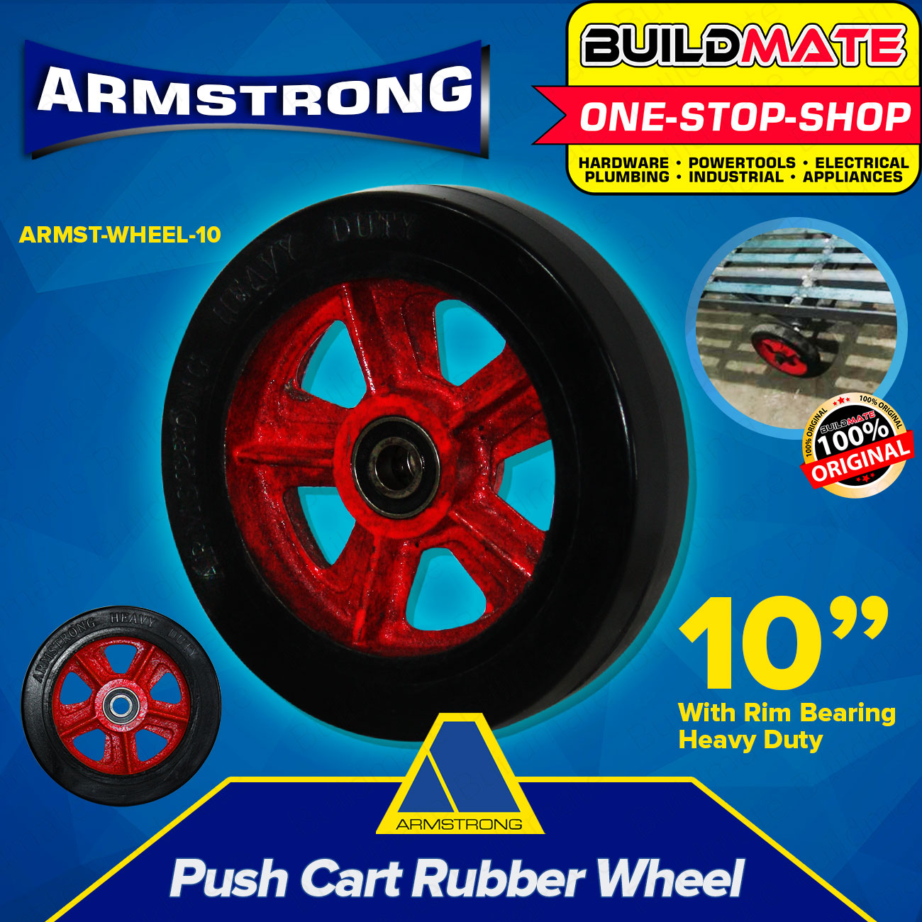 Armstrong Push Cart Rubber Wheel with Rim Bearing 254mm 10'' Heavy Duty