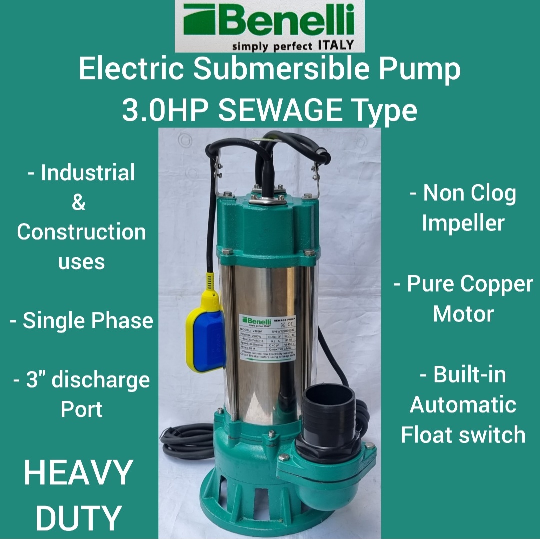 Benelli Electric Submersible Pump 30hp Sewage Type 3 Output Wautomatic Float Switch Heavy 0262