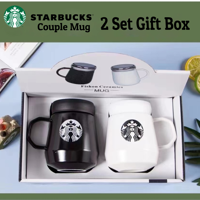 Starbucks 2pcs Couple Coffee Mugs Black and White Ceramic Mug with Mirror Lid and Handle Gft Set