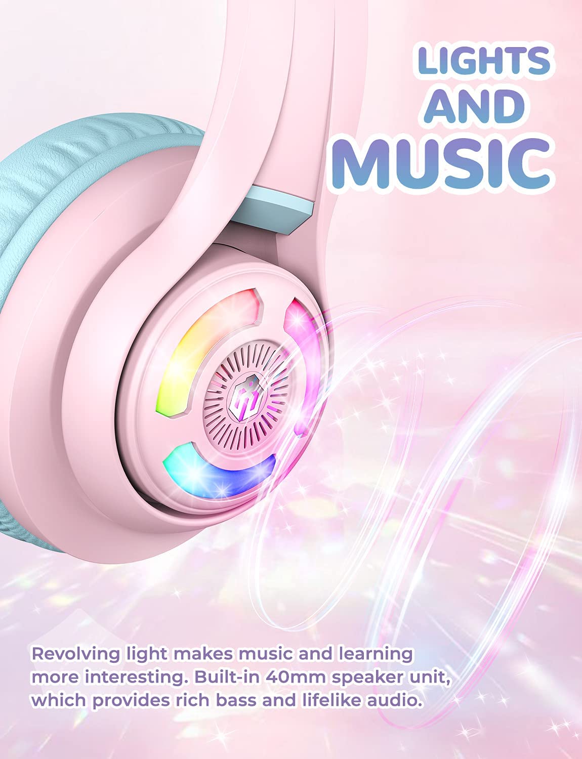 iClever BTH13 Cat Ear Kids Bluetooth Headphones Safe Sound LED