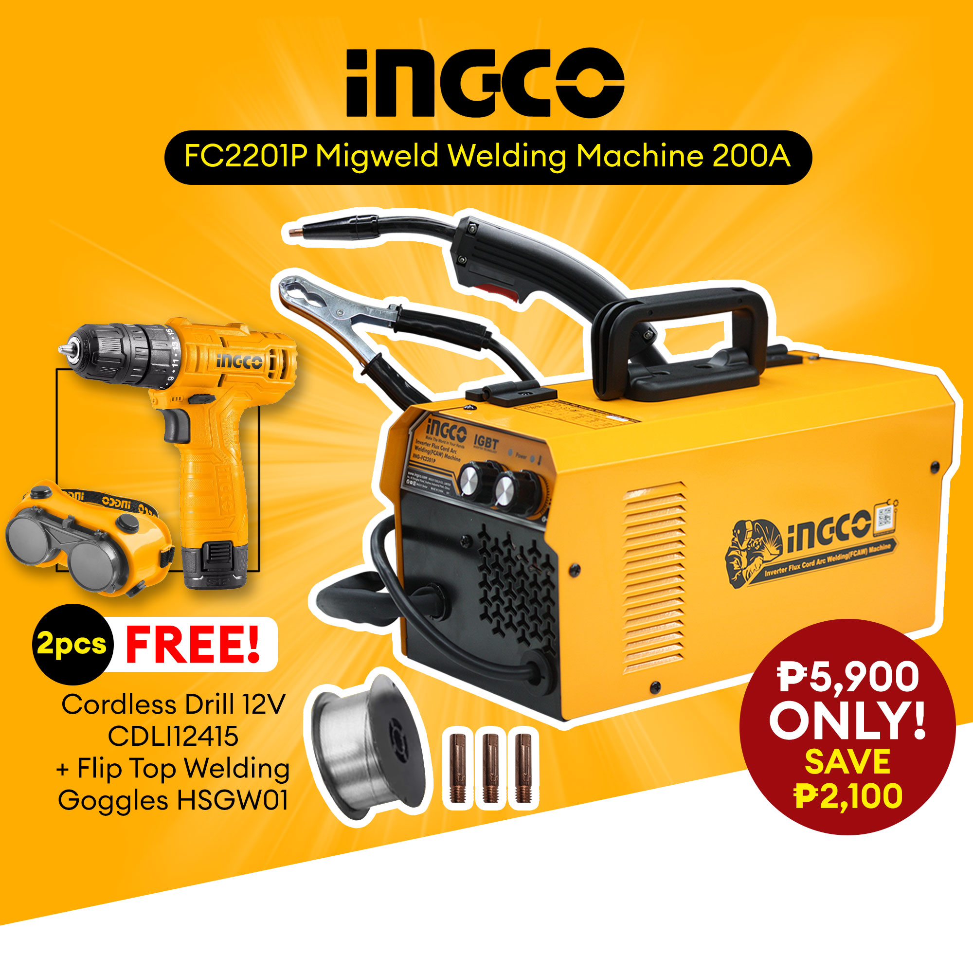 [SALES!] INGCO Portable Inverter Flux Cord Arc Welding Machine Mig