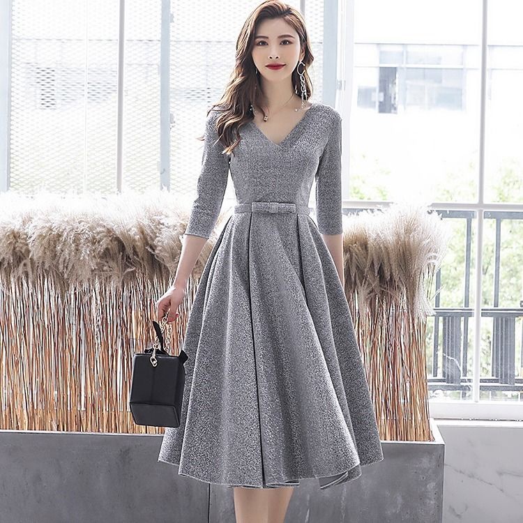 Silver Gray Small Evening Dress Women 2023 New Style Banquet Noble Classy  Mid-Length Chorus Usually Can Wear | Lazada PH