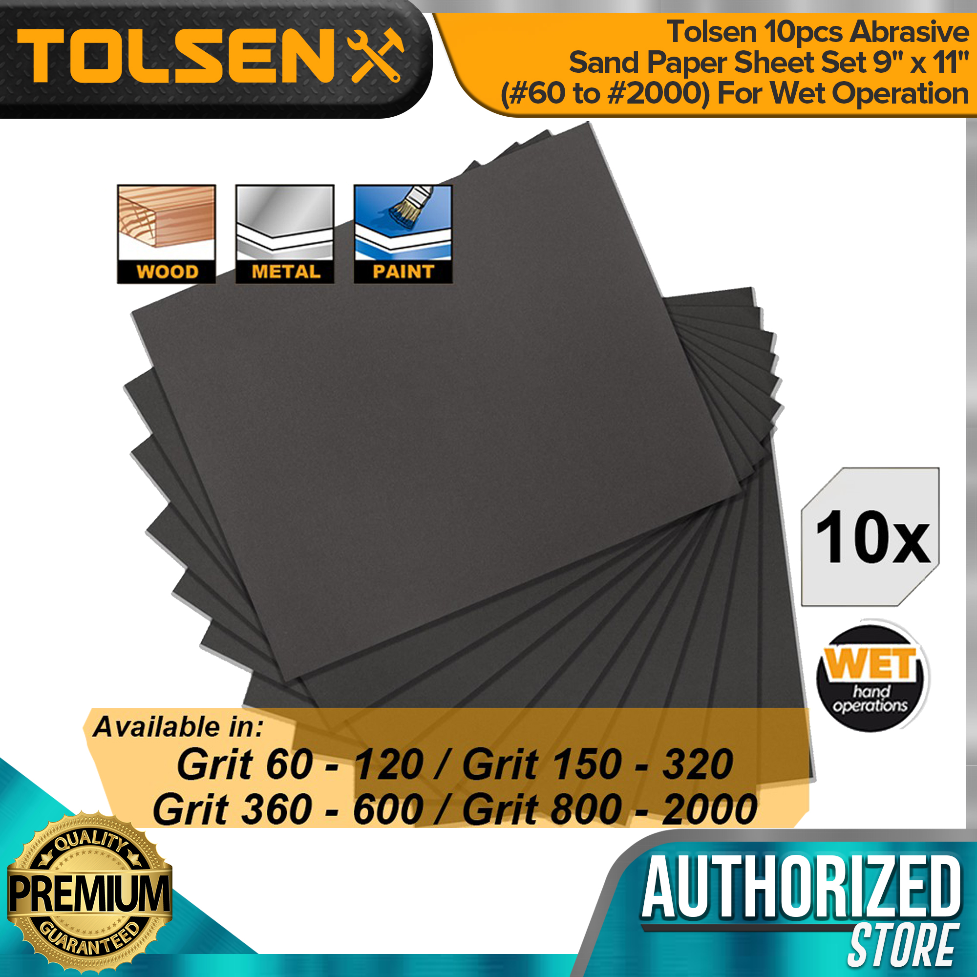 Tolsen 10pcs Abrasive Sand Paper Sheet Set 9" x 11" (60 to 2000) For
